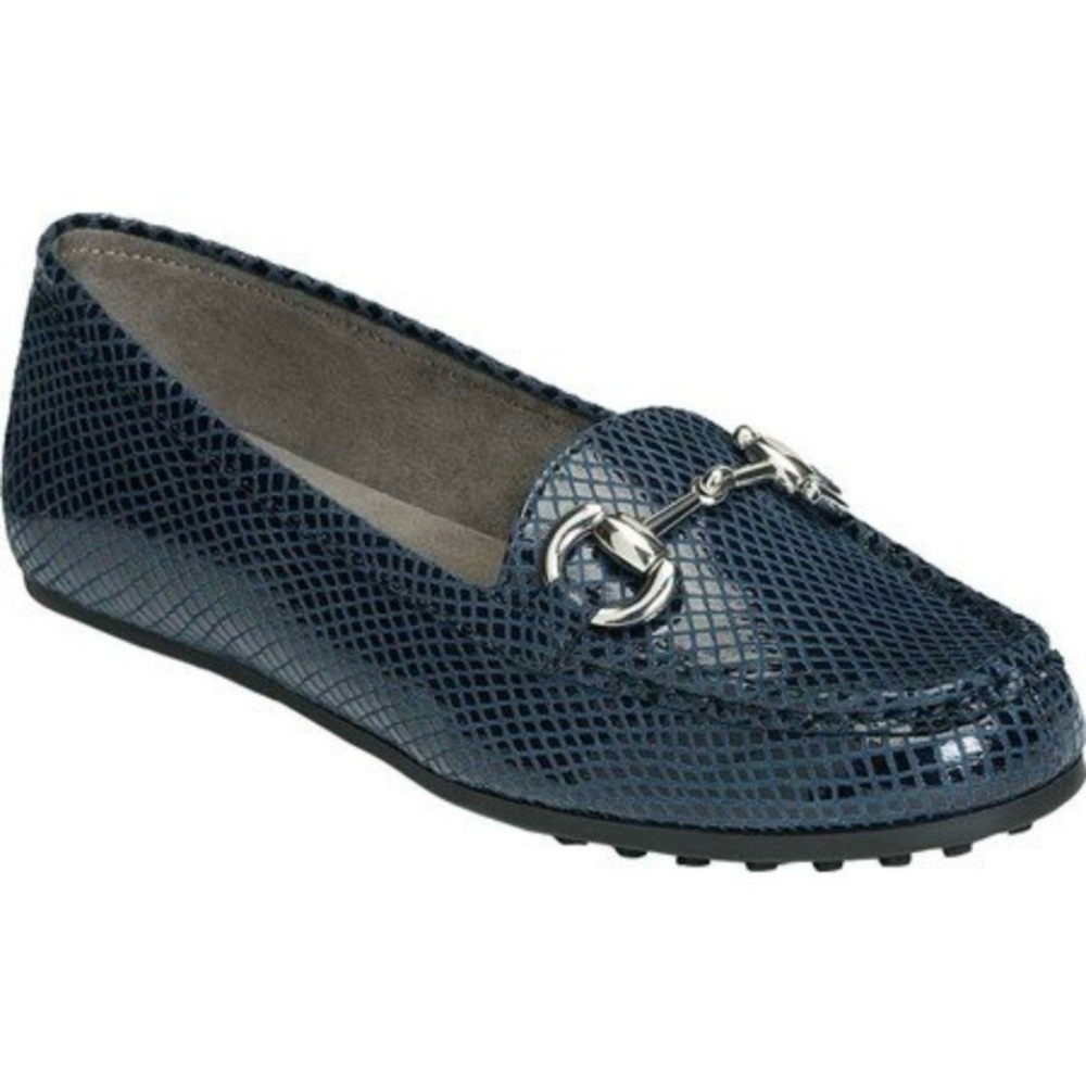 Aerosoles Navy Crocodile Embossed Reptile Snake Flat Loafer Moccasin Silver Bit